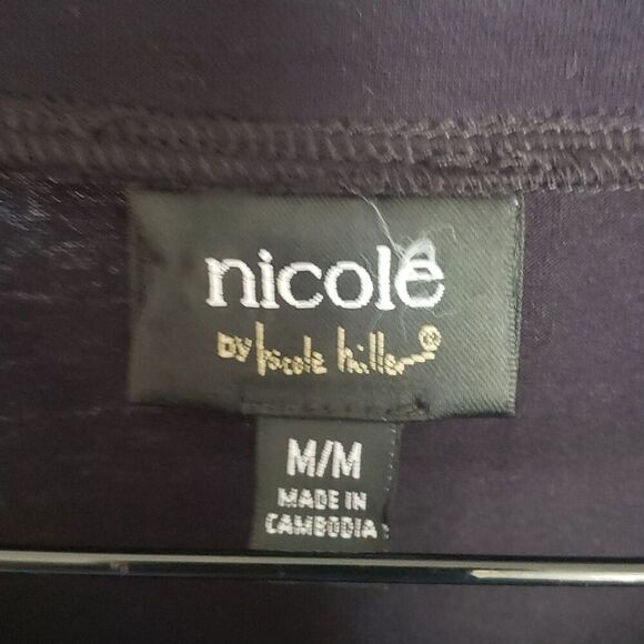 Nicole Miller Shirt Top Size M Black 3/4 Sleeve Layered Front Gold Embellishment - Picture 2 of 13